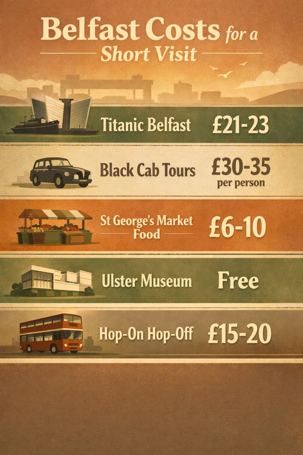 A clean vertical infographic showing five cost items for Belfast attractions: Titanic Belfast £21-23, Black Cab tours £30-35