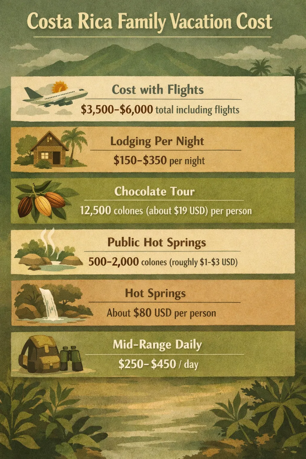 A vertical cost breakdown infographic for a 7-day Costa Rica family vacation showing six data points: total cost with