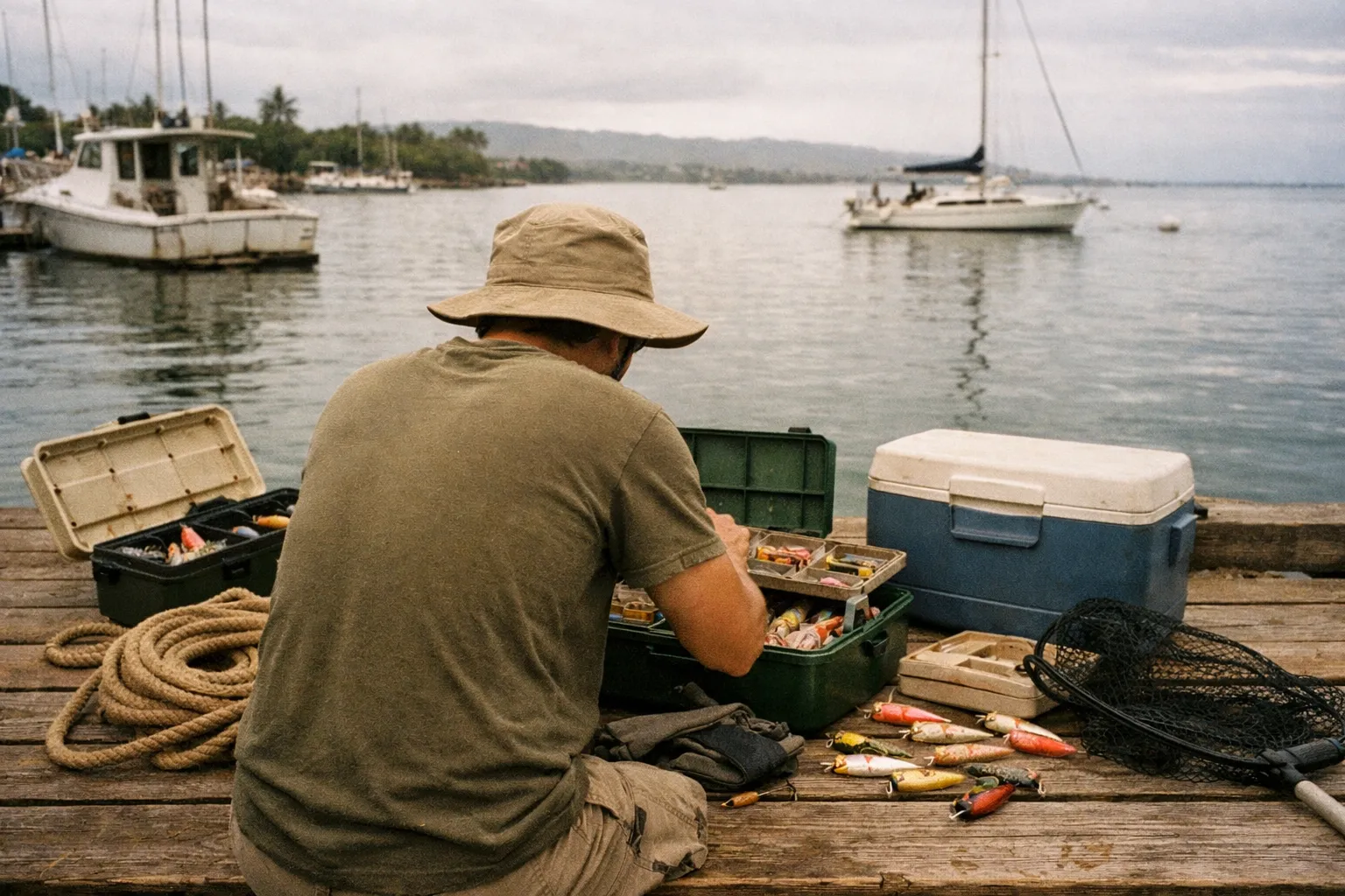 A person prepares fishing gear on a wooden dock beside calm water with boats in the background.