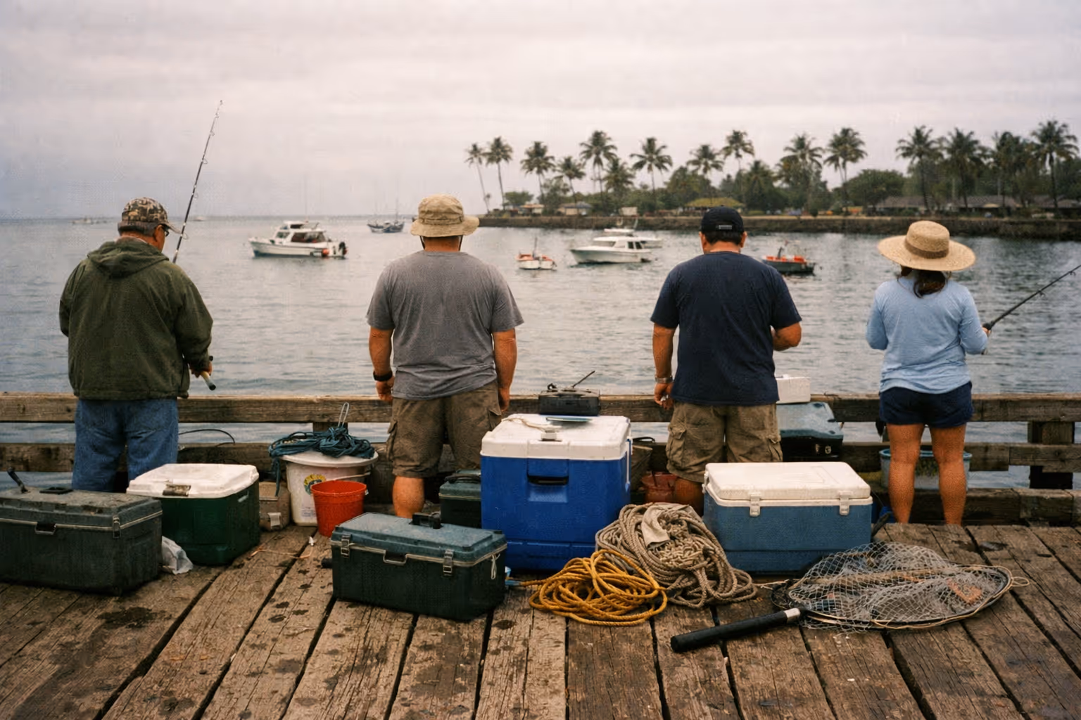 Four people fish from a wooden pier overlooking boats and palm trees along a tropical Hawaiian shoreline.