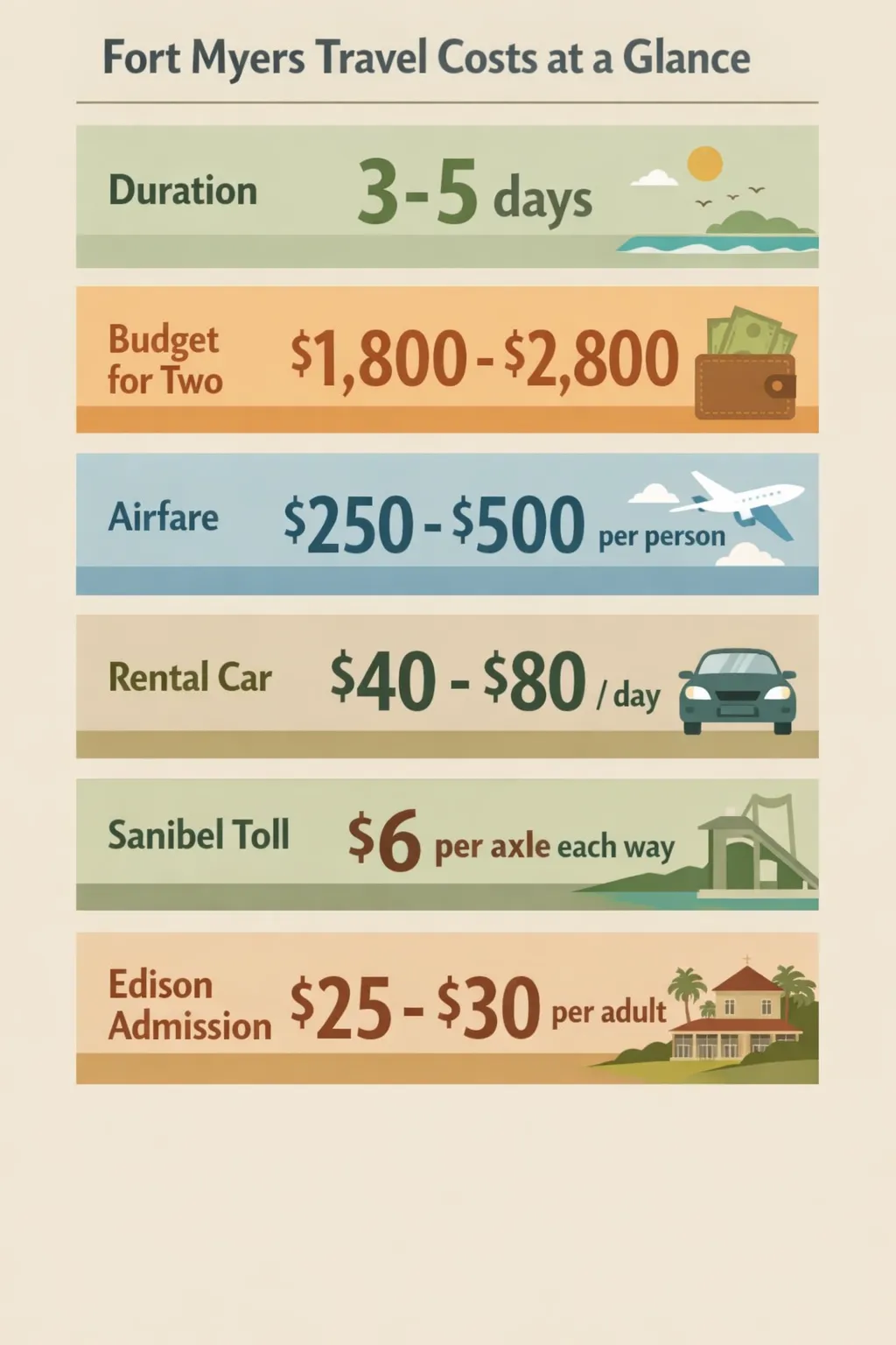 Flat-design infographic showing six cost data points for a Fort Myers trip: duration, budget for two, airfare, rental car