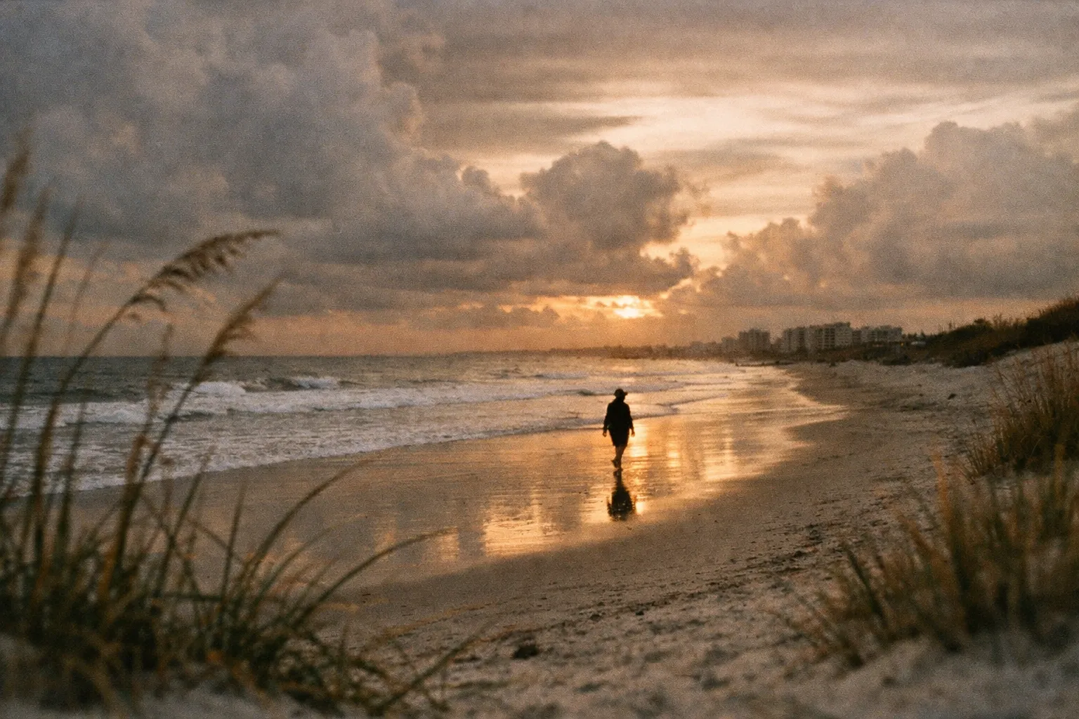 Silhouette of a person walking along Cocoa Beach shoreline at sunset with wet sand and gentle waves