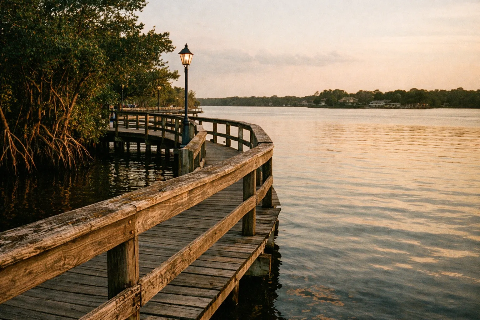 Boardwalk along the Indian River at Riverfront Park during golden hour