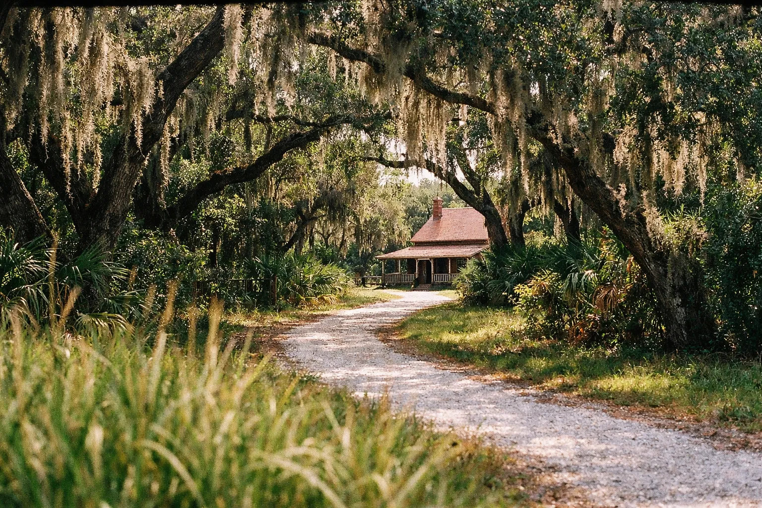 Path through live oaks toward Sams House in Pine Island Conservation Area at golden hour
