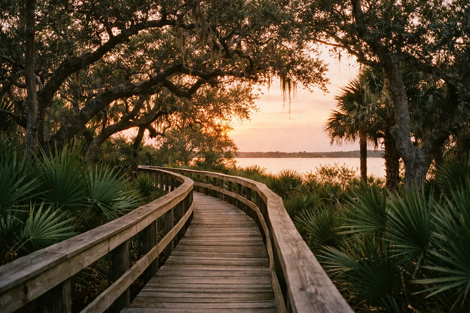 Maritime Hammock Preserve boardwalk at sunset with palmettos and live oaks