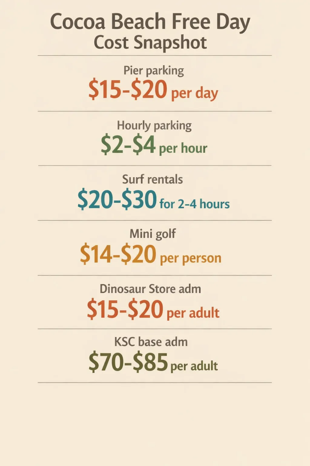 Shoreline with parking notes: pier parking $15-$20 per day; hourly parking $2-$4 per hour; surf rentals $20-$30 for 2-4