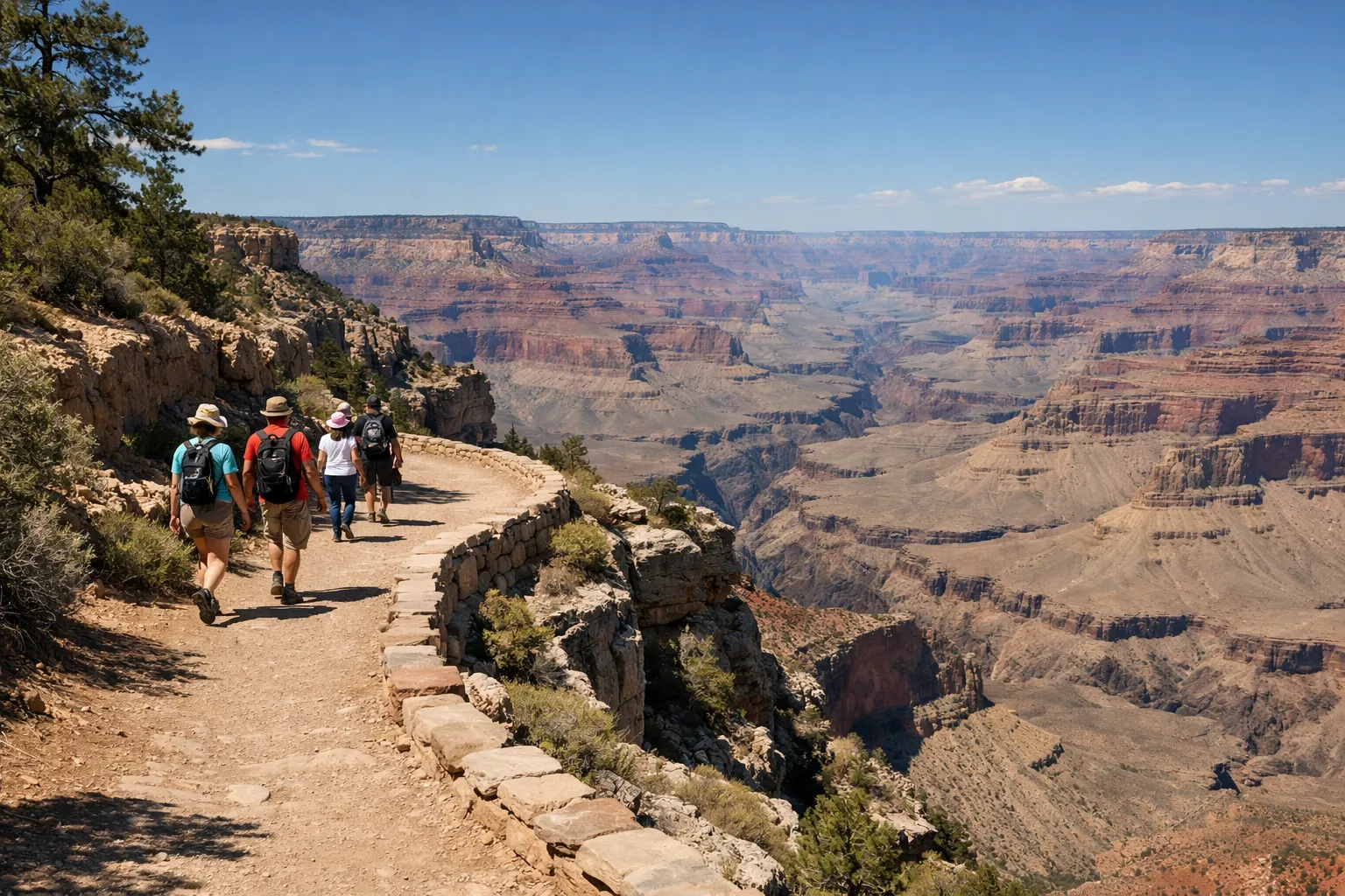 Hikers walk along a rim trail overlooking the Grand Canyon on a clear day.