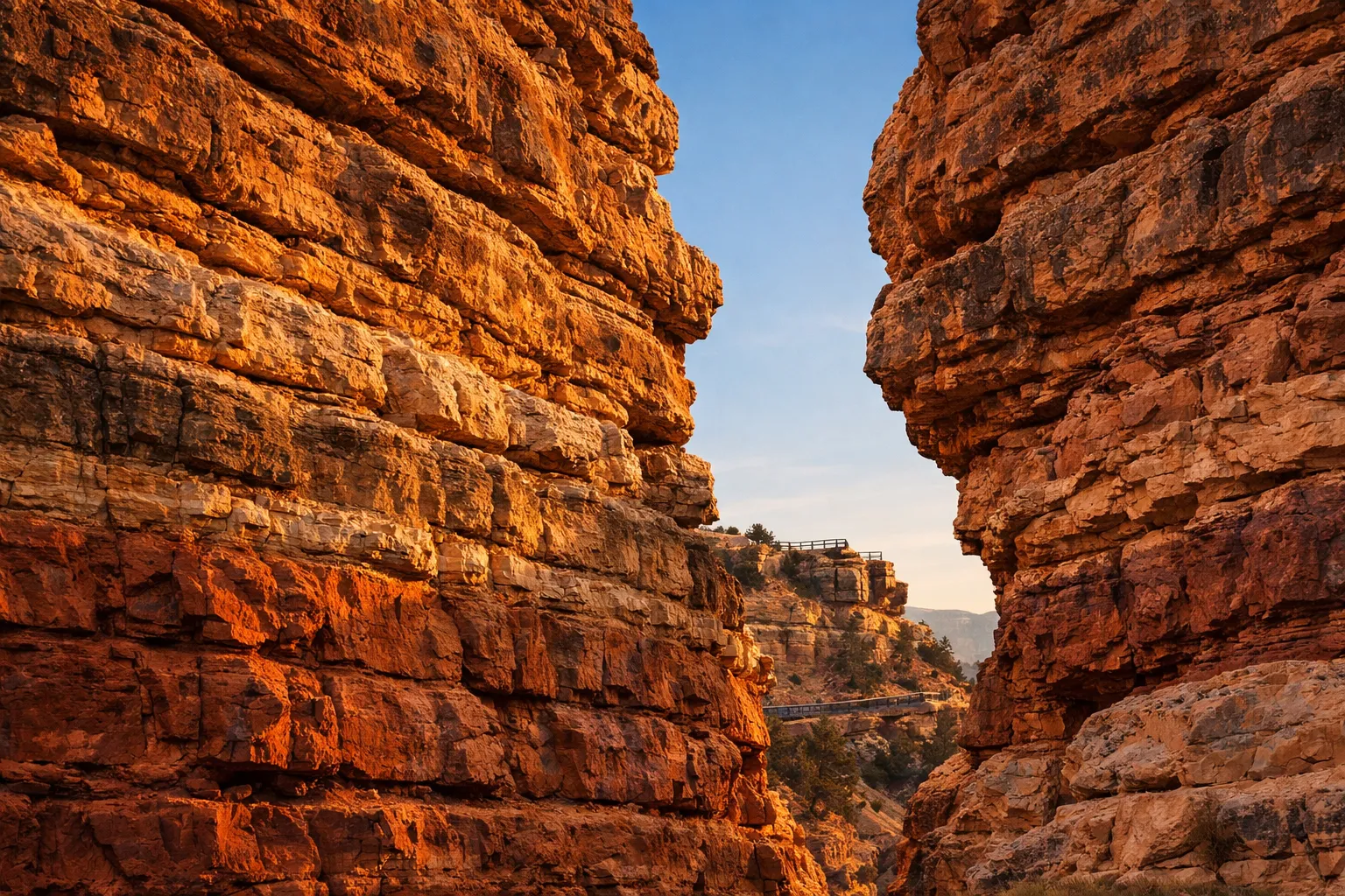 Grand Canyon rock formations with a train passing through a gap and a viewing platform above.