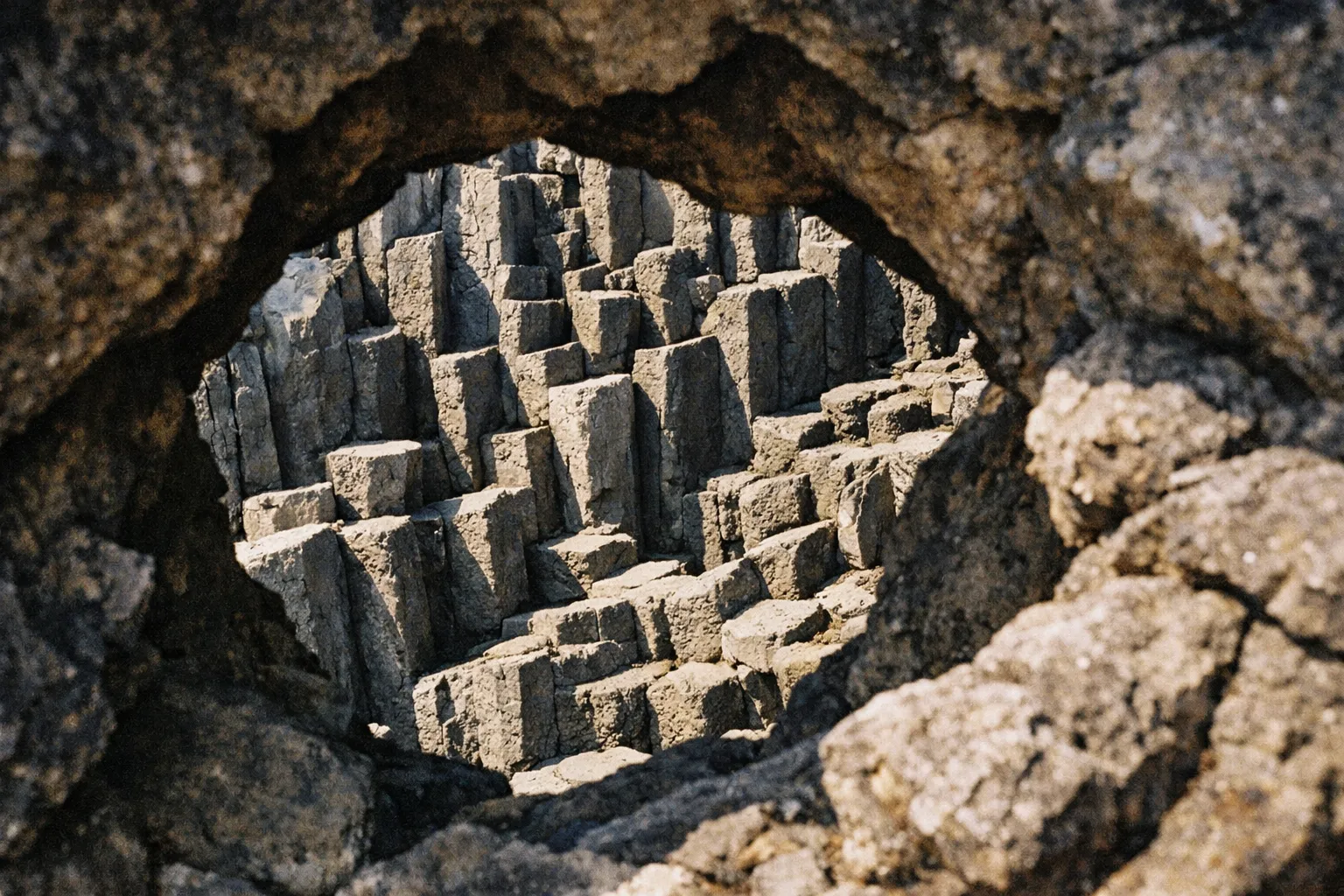 Basalt columns of the Giant's Causeway seen through a natural rock frame.