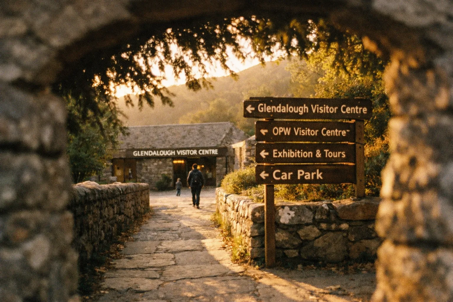 A person walks toward the Visitor Centre, framed by stone walls and signposts in a natural setting.