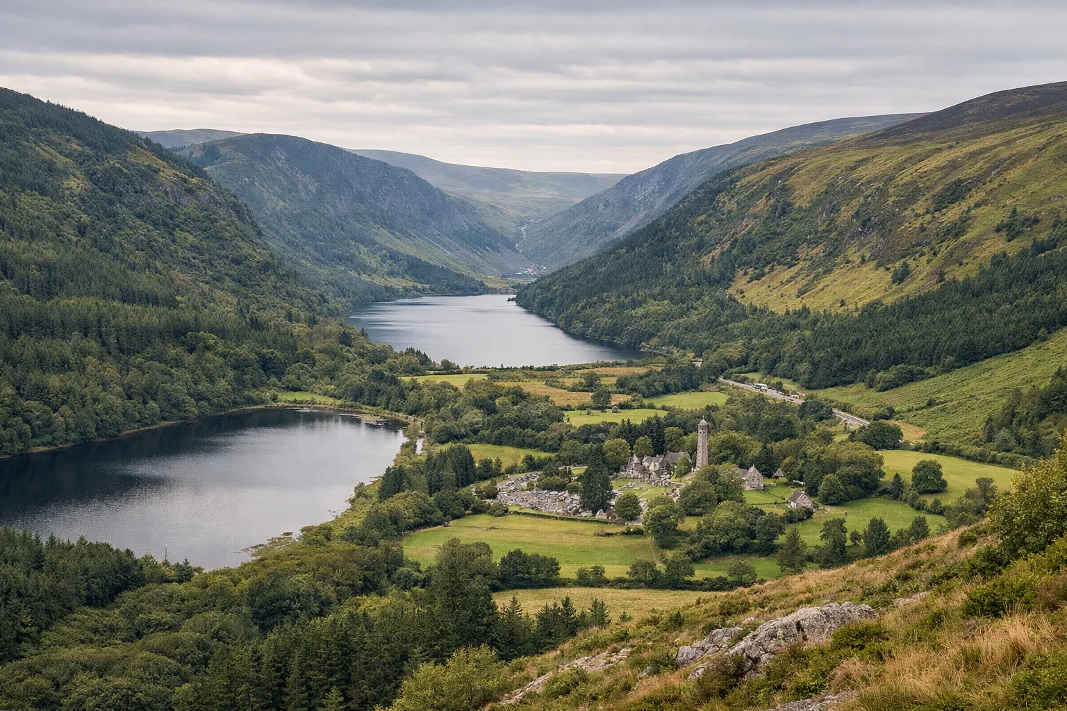 Glendalough monastic settlement sits beside two lakes in a lush green valley in the Wicklow Mountains.