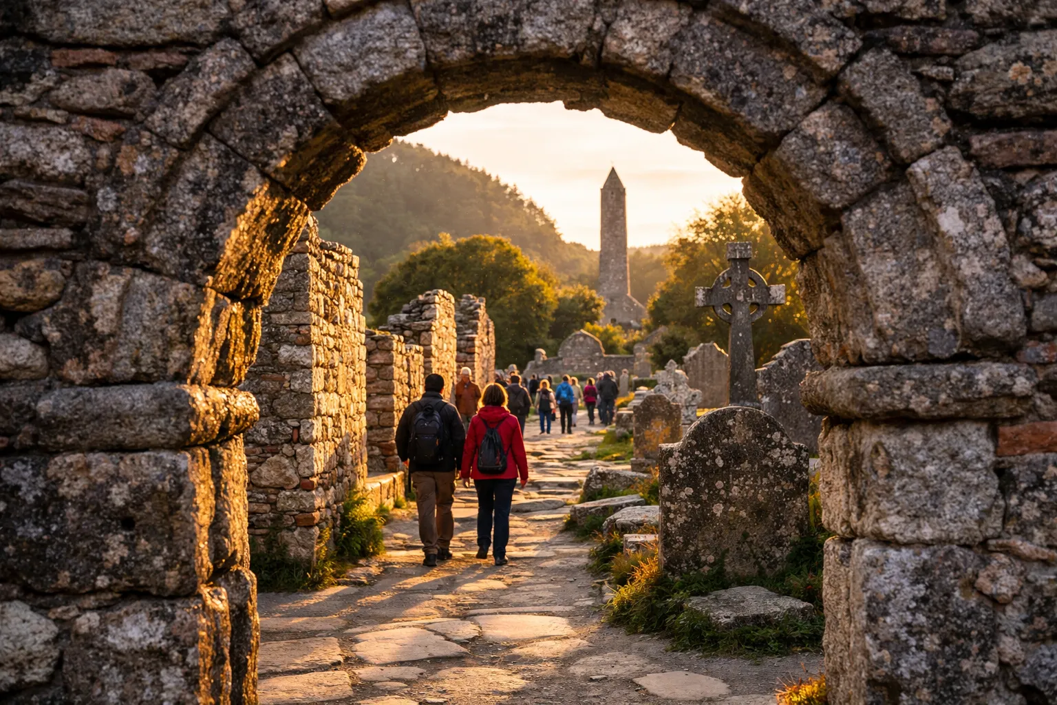 Visitors walk through stone ruins and gravestones at Glendalough monastic site in the Wicklow Mountains.