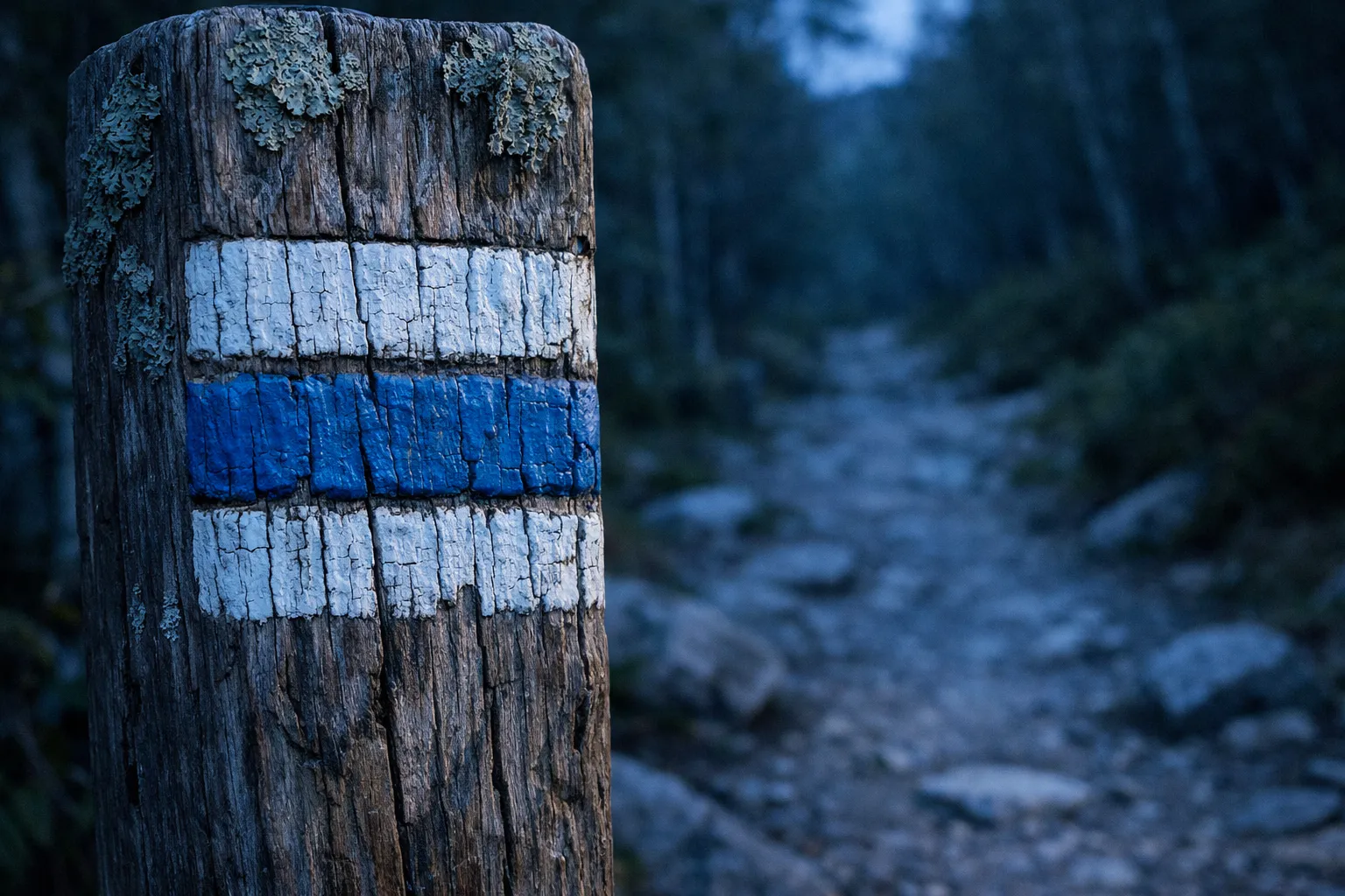 A wooden trail marker with blue and white stripes stands beside a rocky forest path.