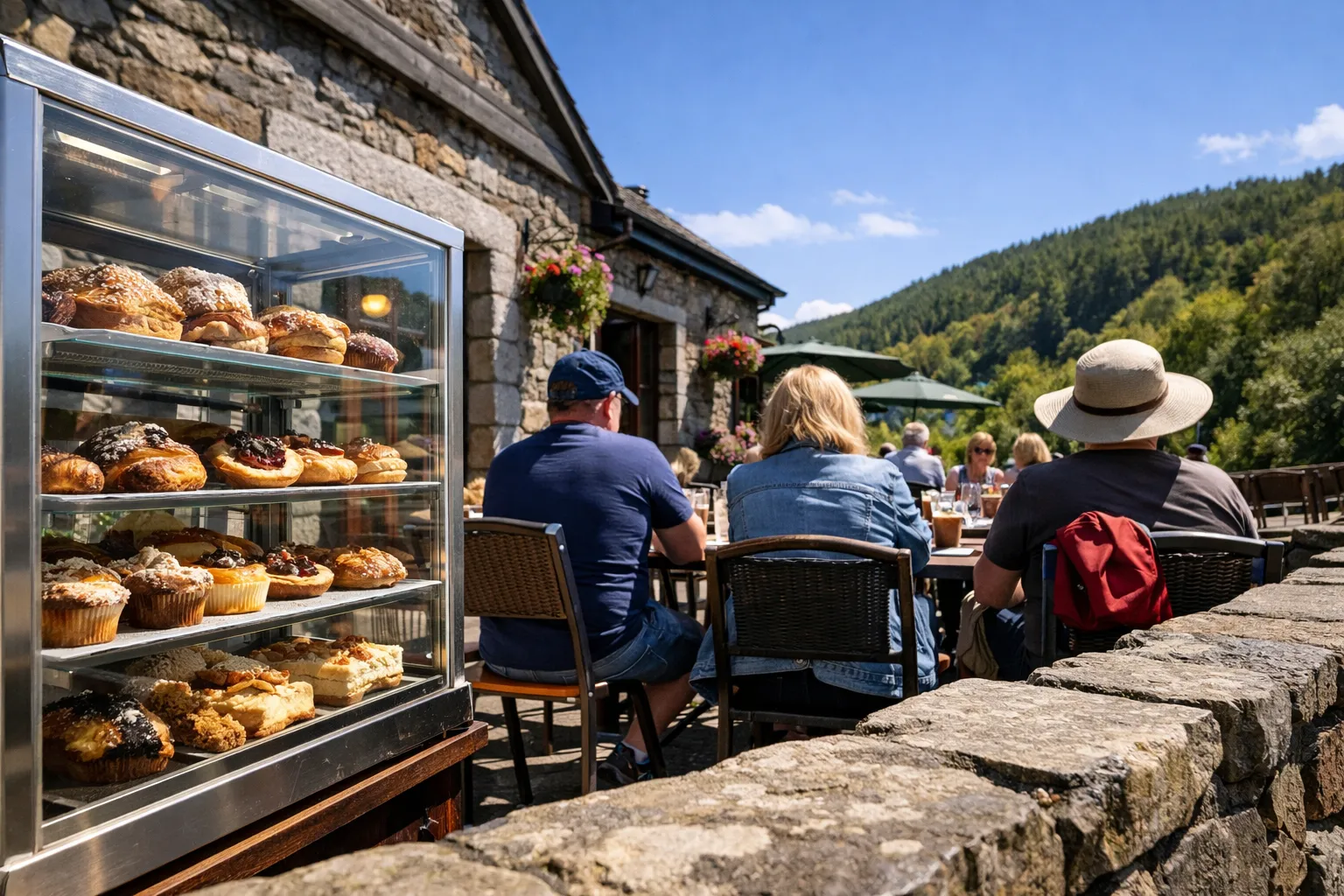 Outdoor café with people dining near a stone building and hills in the background at Glendalough.