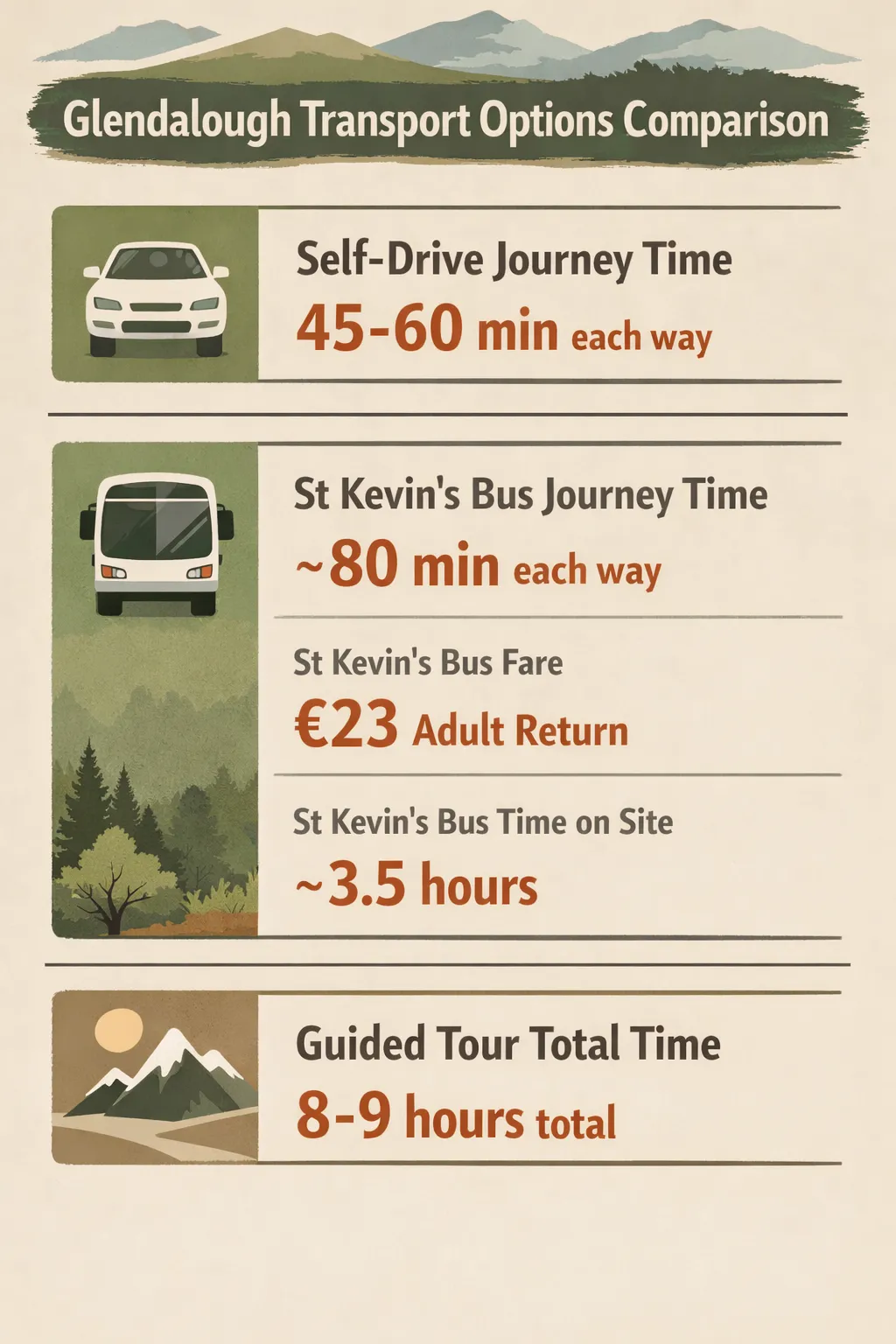 Comparison of transport times and costs to Glendalough from Dublin for self-drive, St Kevin's Bus, and guided tours.