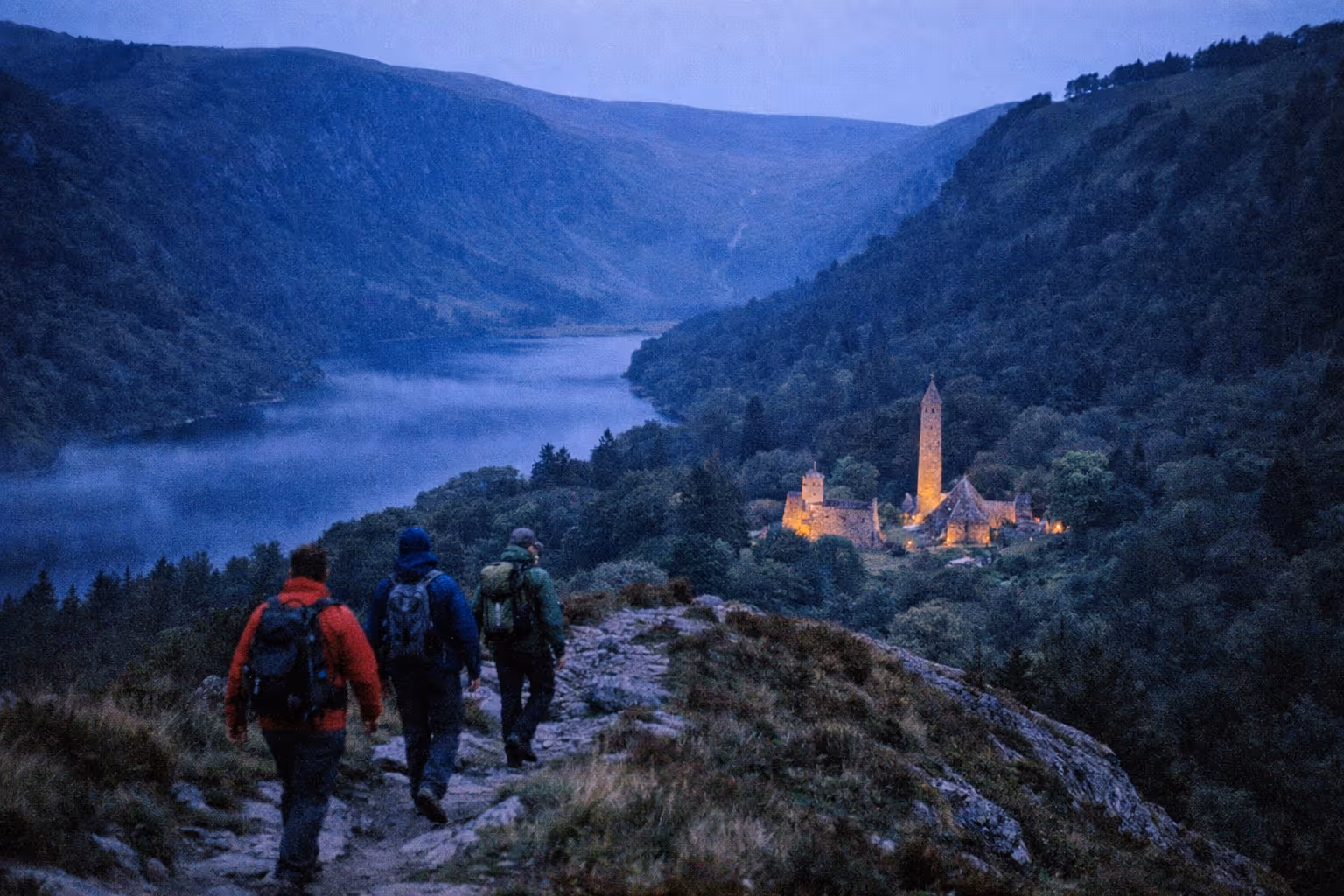 Hikers walk along a path overlooking Glendalough valley with its historic monastic site and round tower at dusk.