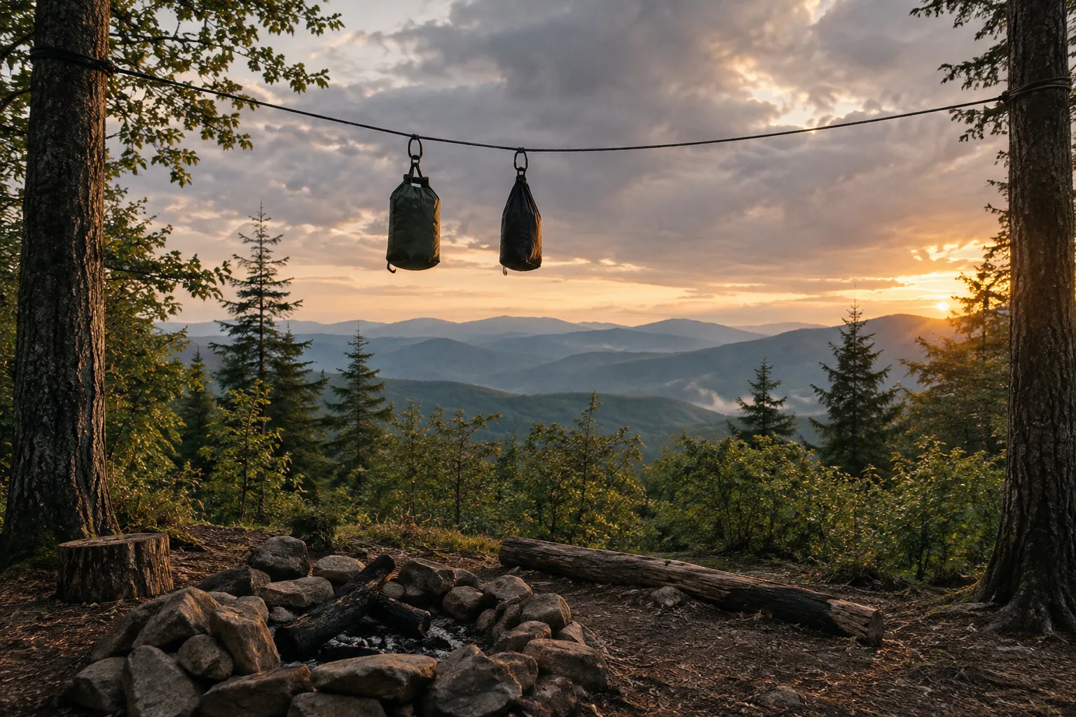 A backcountry campsite with a stone fire ring overlooks forested mountain ridges at sunset.