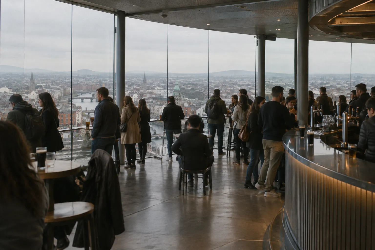 Visitors gather at the Guinness Storehouse bar overlooking Dublin.