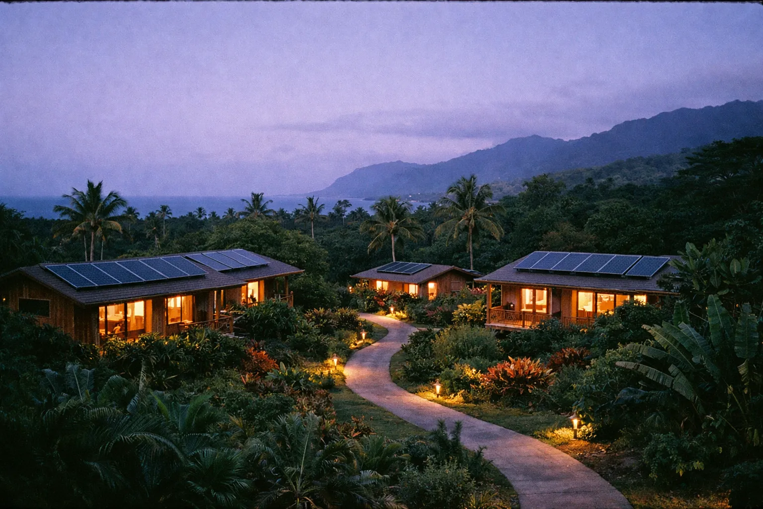 Small wooden cabins with solar panels surrounded by lush plants and palm trees, mountains in background at dusk