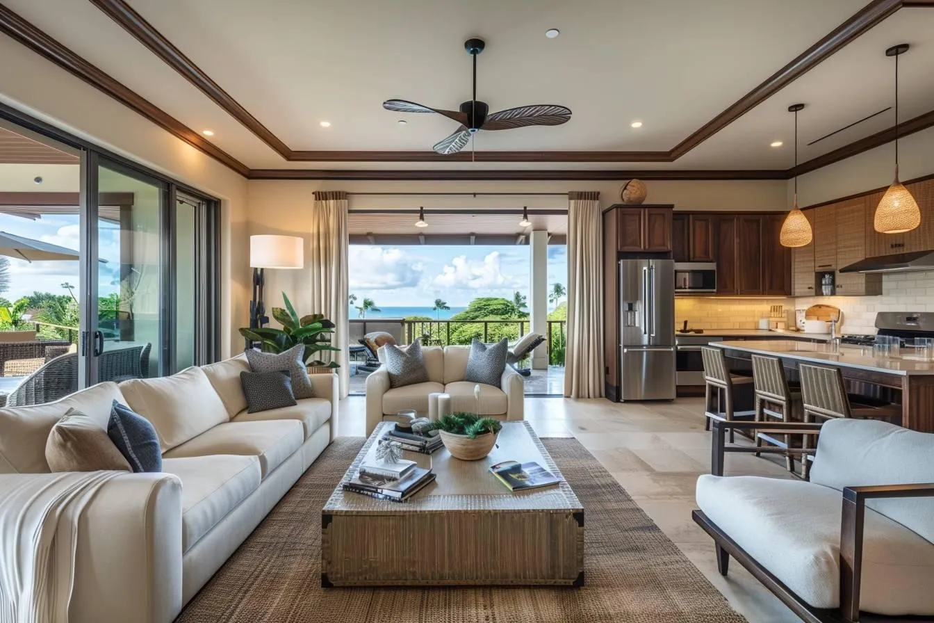 Open-plan vacation rental living room and kitchen opening to a lanai with an ocean view
