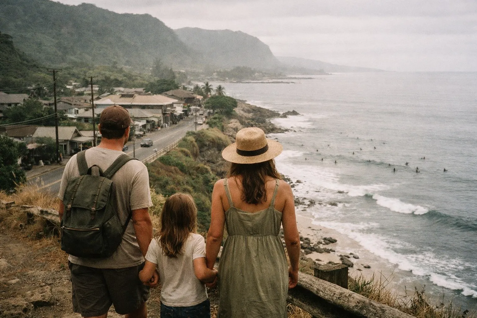 A family stands on a bluff overlooking a coastal road, beach, and surfers in Hawaii.