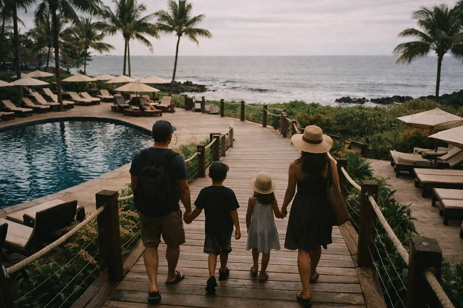 A family walks toward a beachside pool area with palm trees and ocean in the background.
