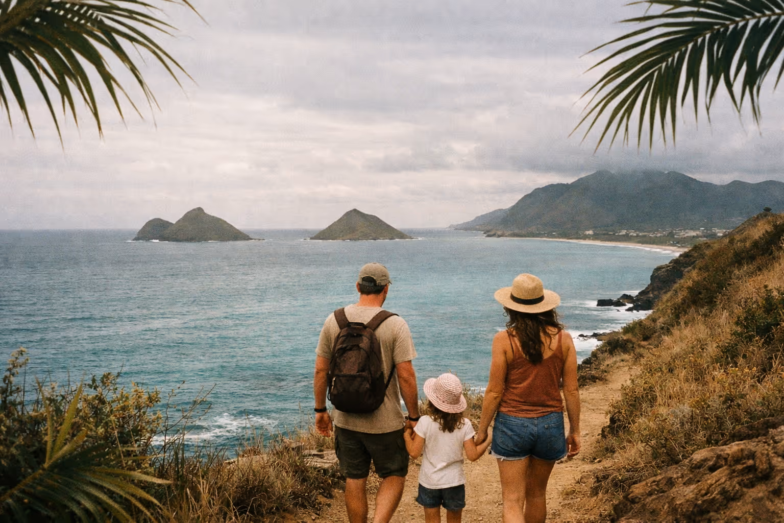 A family walks along a coastal trail overlooking the ocean and mountainous islands in Hawaii.