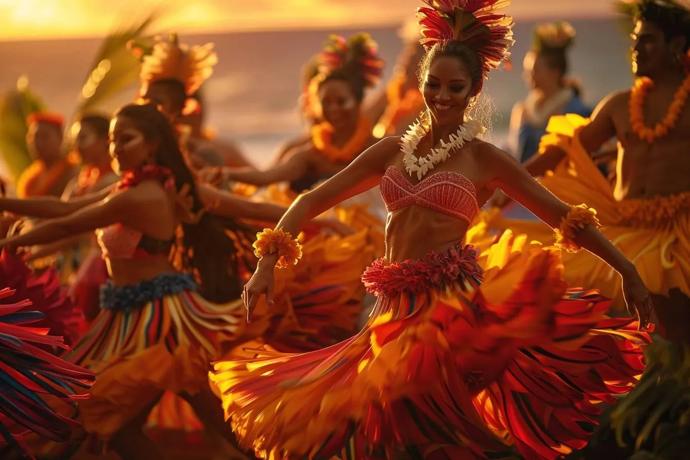 women and men dancing in traditional colorful costumes with floral accessories at sunset on a beach