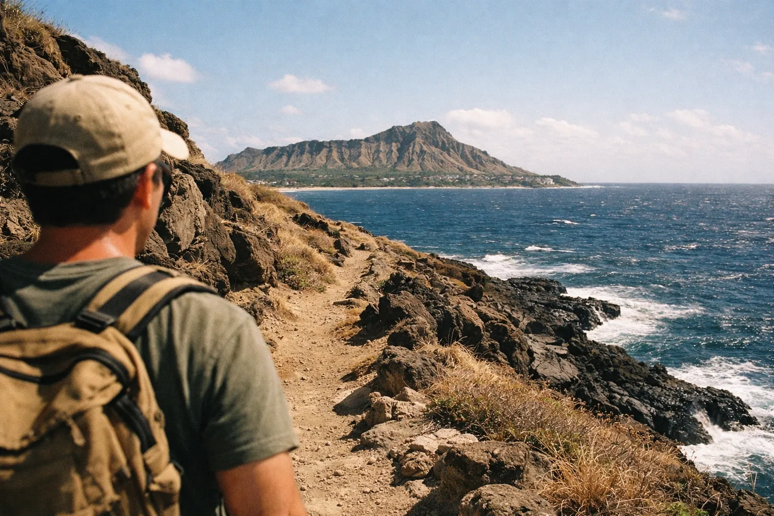 Person with a backpack walking on a rocky coastal trail with a view of a mountain and ocean