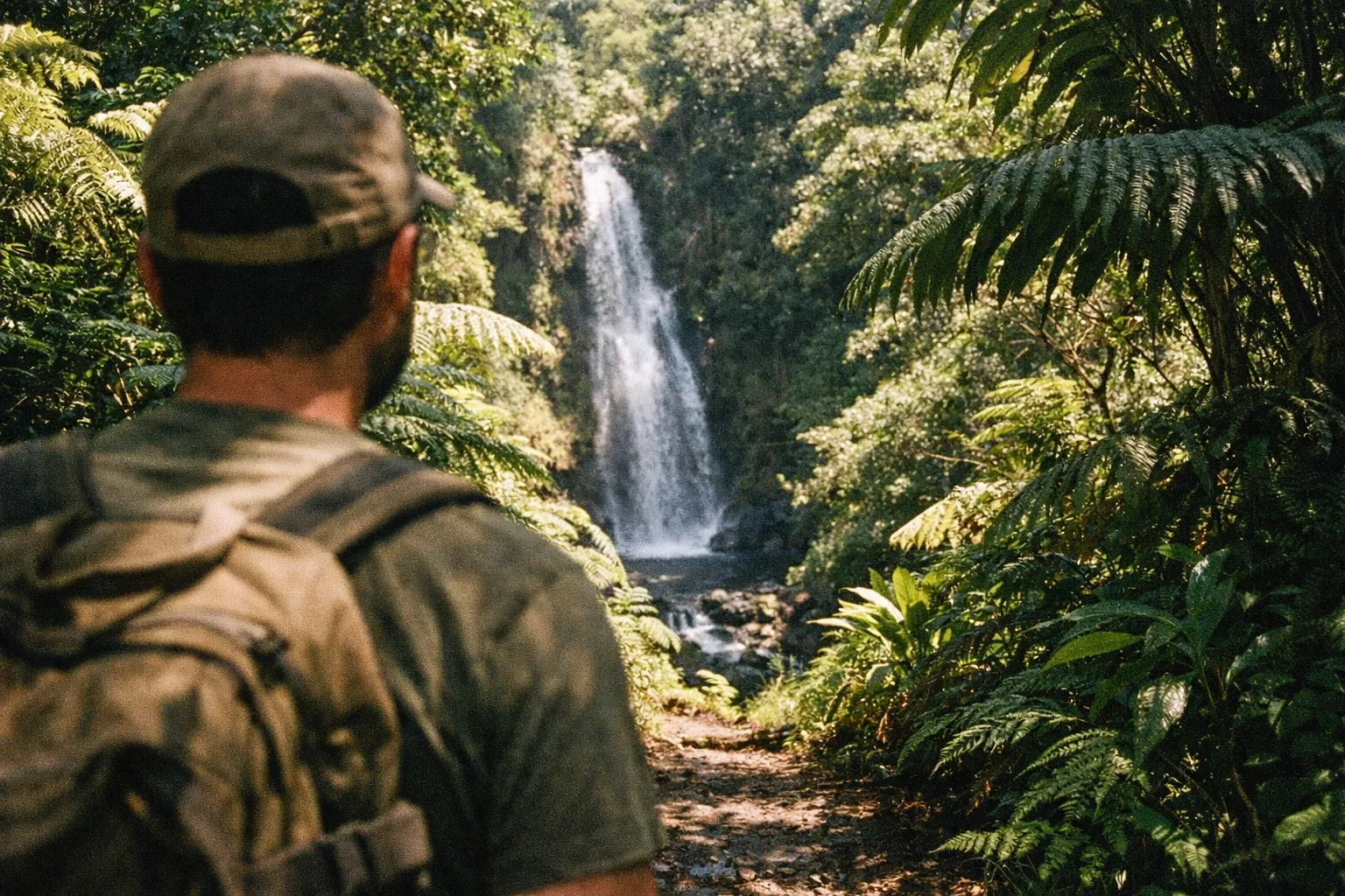 Person wearing a cap and backpack standing on a forest path looking at a waterfall in the distance