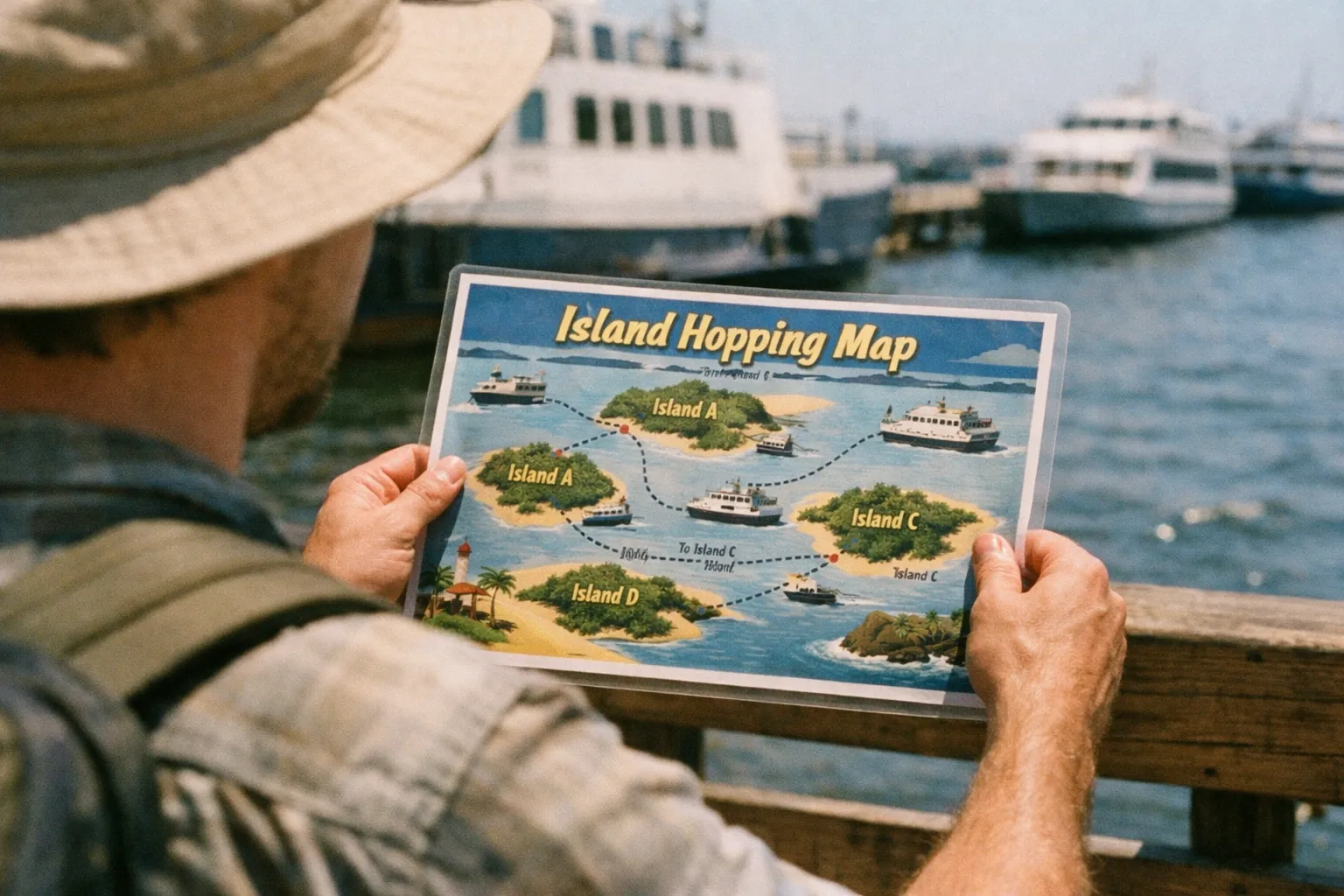 Person holding an island hopping map on a dock with boats and water in the background