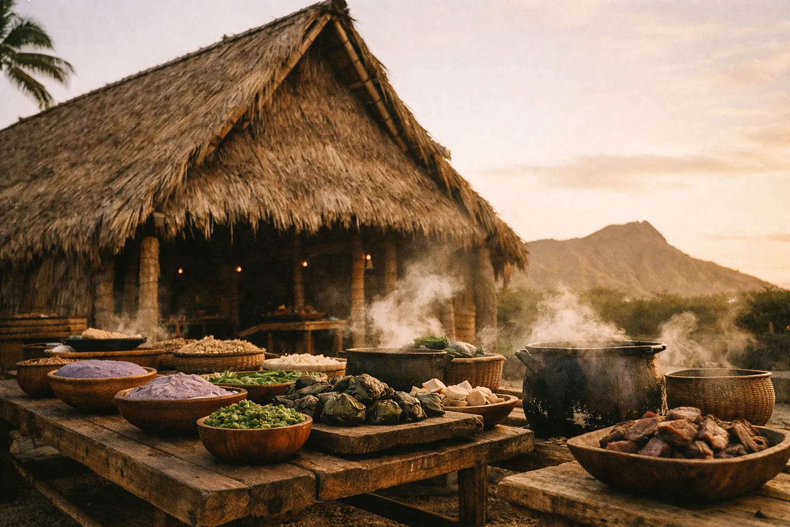 Traditional Hawaiian dishes on rustic tables outside a thatched hut with Diamond Head in the background.