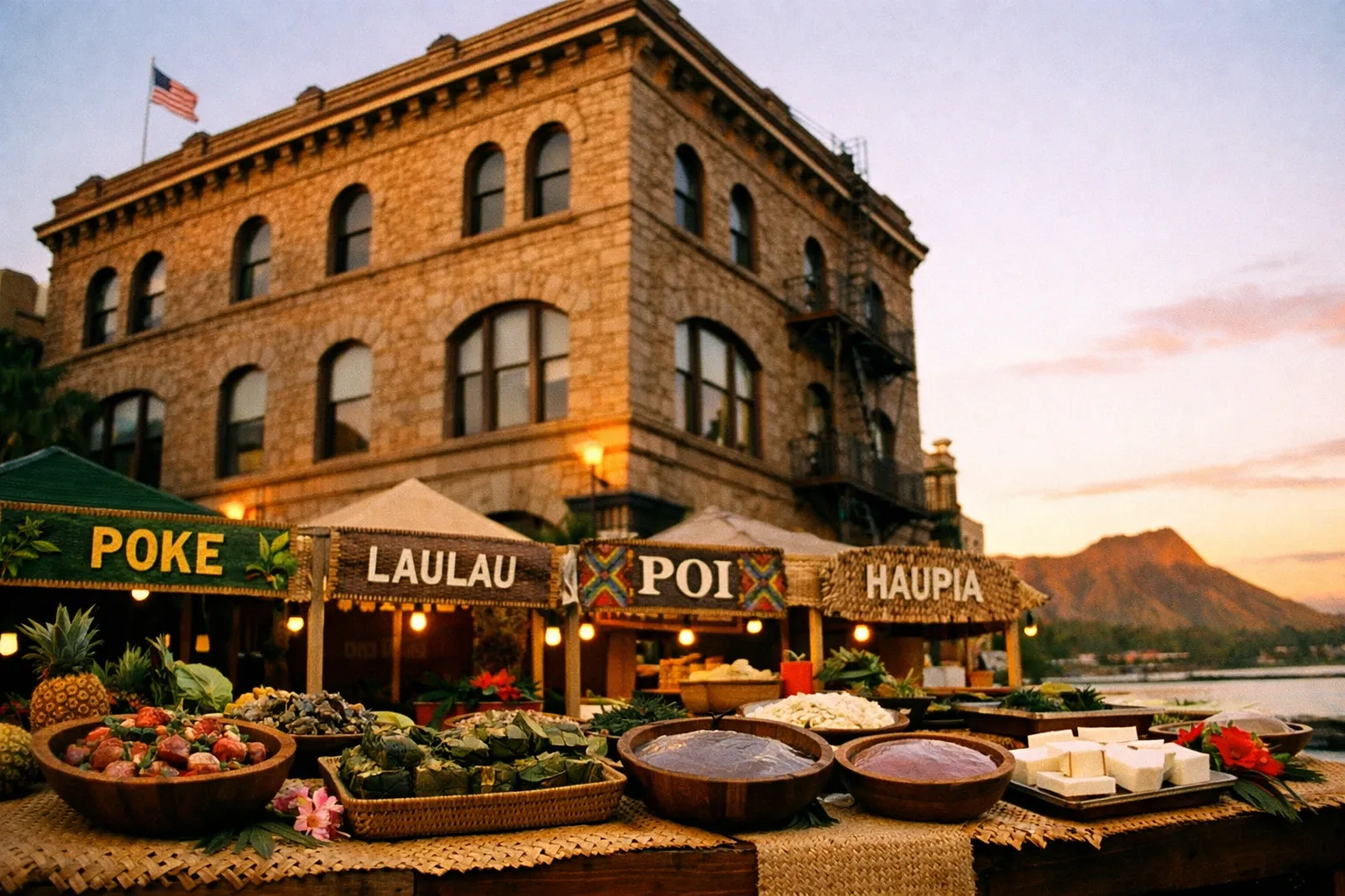 Traditional Hawaiian foods like poke and poi displayed at an outdoor market with Diamond Head in the background.