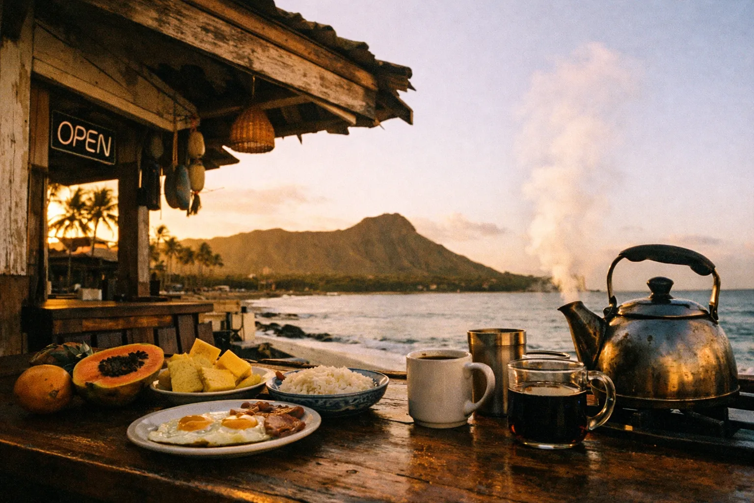 Breakfast with tropical fruits and coffee on a wooden table overlooking Diamond Head and the ocean in Hawaii.