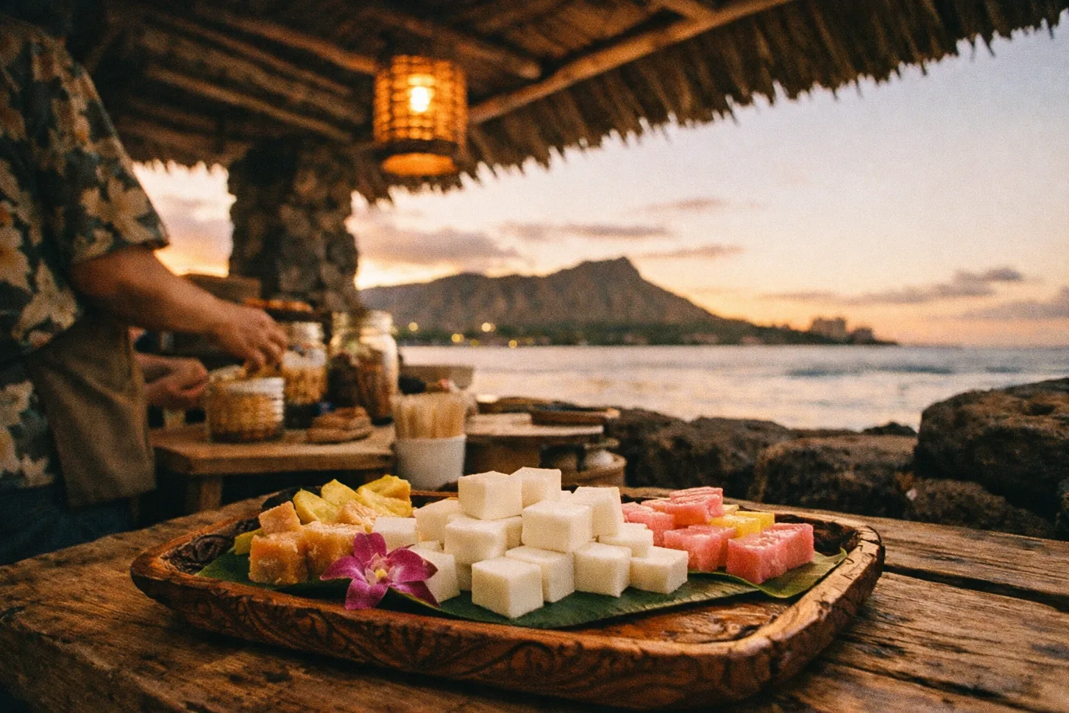 A platter of Hawaiian desserts sits on a wooden table with Diamond Head and the ocean in the background at sunset.