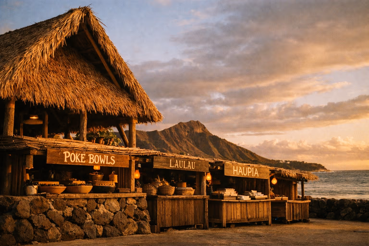 A Hawaiian food stand with thatched roof offers poke bowls, laulau, and haupia by the ocean near Diamond Head.