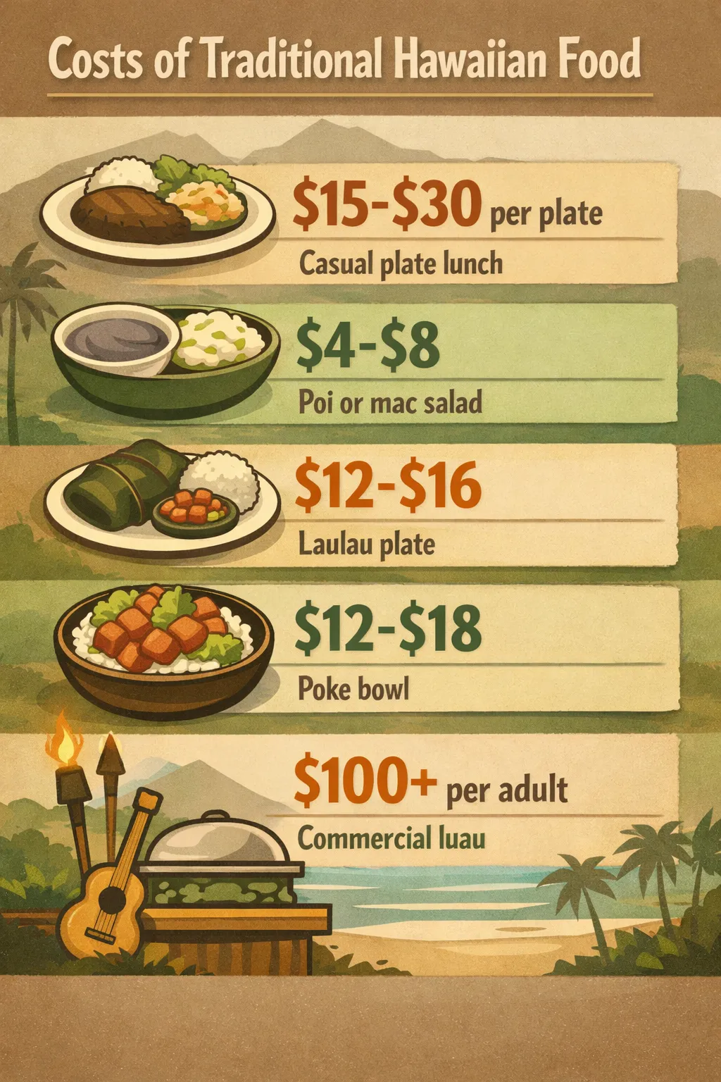 Prices shown: casual plate lunch $15-$30, poi or mac salad $4-$8, laulau plate $12-$16, poke bowl $12-$18, and commercial luau
