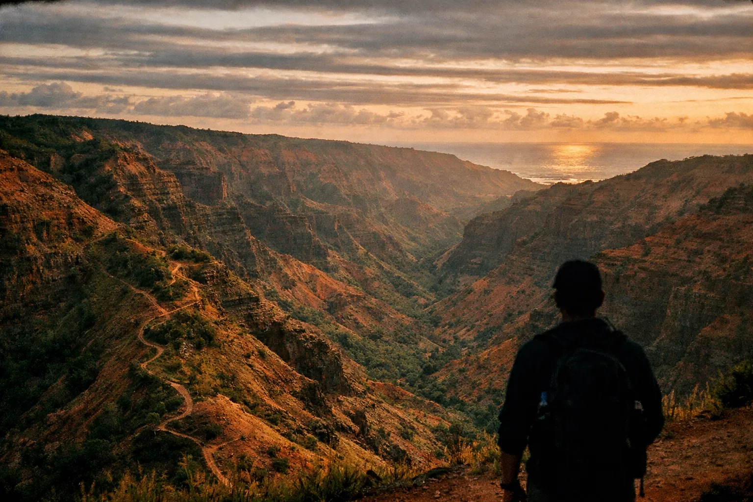 Silhouette of a hiker on the Waimea Canyon overlook during golden hour with layered red and emerald cliffs and a distant sea