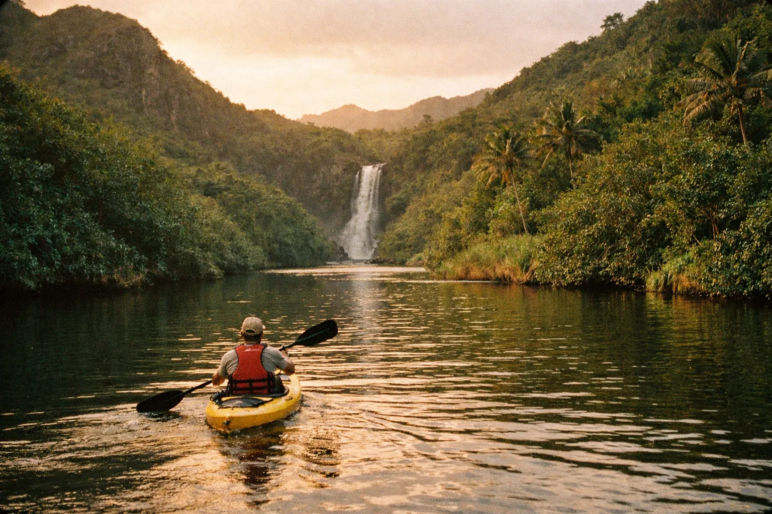 Back view of a kayaker paddling along the Wailua River toward Secret Falls, surrounded by lush tropical cliffs