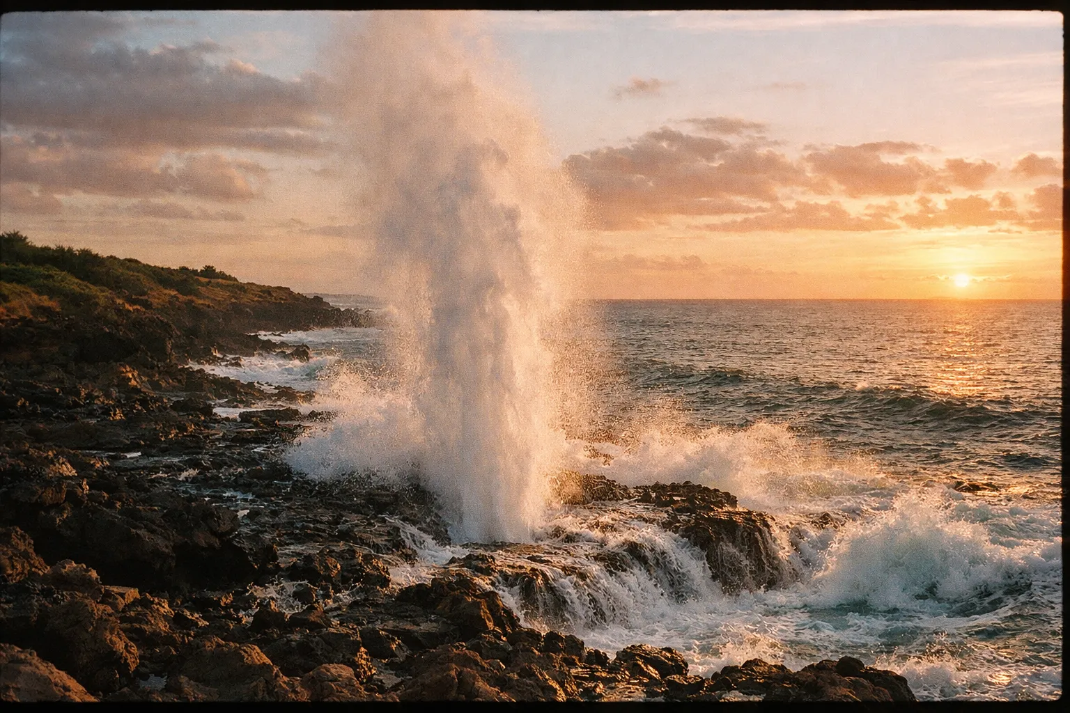 Spouting Horn blowhole erupting near lava rock at sunset with waves crashing and dramatic sky