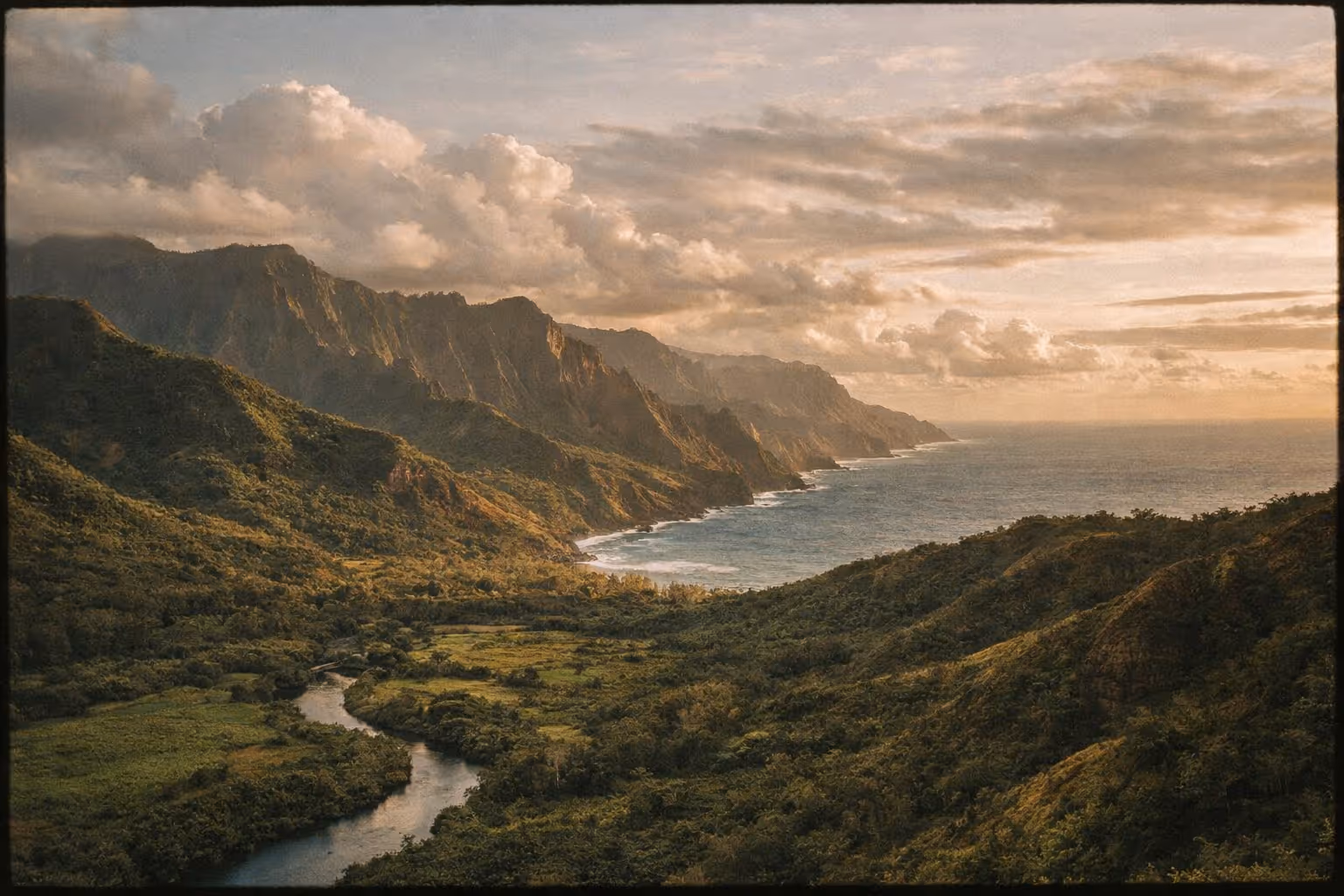 A sweeping Kauai landscape featuring emerald valleys, towering Na Pali cliffs, and a golden-hour coastline to anchor the