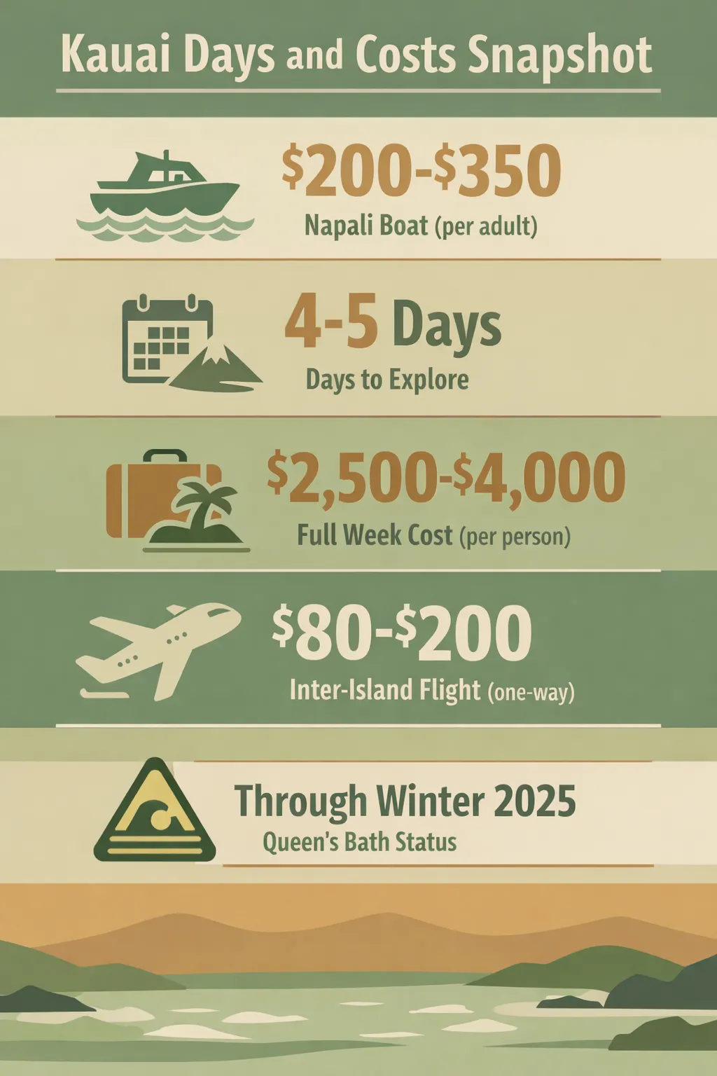 Infographic outlining Kauai planning data: Napali boat price $200-$350 per adult; 4-5 days to explore; full week cost