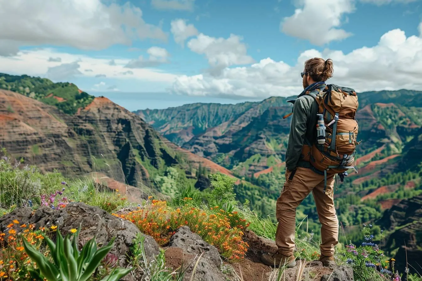 hiker with a large backpack standing on a rocky outcrop overlooking a lush canyon with wildflowers in foreground