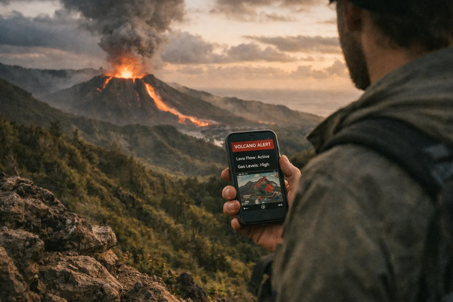 A hiker holds a phone showing a volcano alert while observing an erupting volcano in a mountainous landscape.