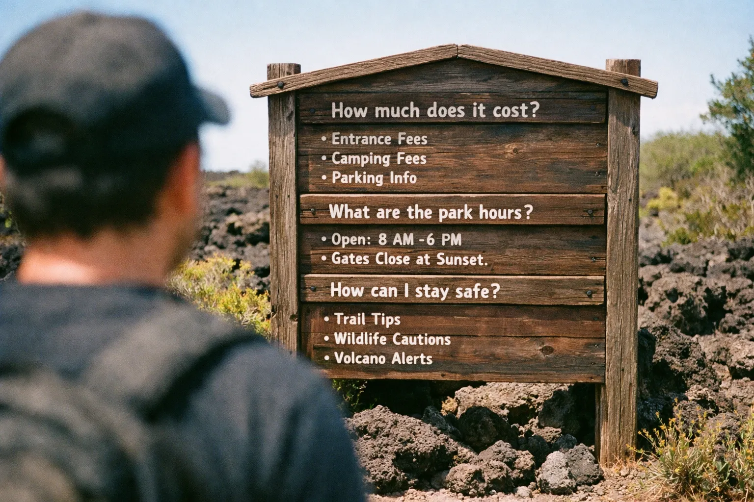 A person stands in front of a wooden informational sign in a volcanic landscape at a national park.