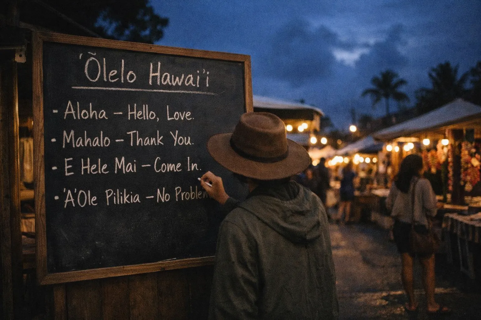 A person writes basic Hawaiian phrases on a chalkboard at an outdoor evening market.