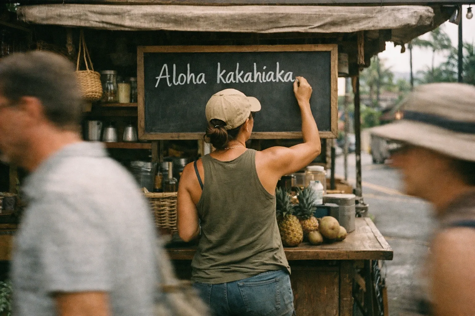 A woman writes 'Aloha kakahiaka' on a chalkboard at a tropical outdoor market stand.
