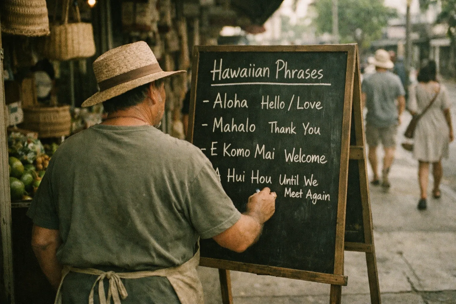 A person writes Hawaiian phrases on a chalkboard outside a market stall on a busy street.