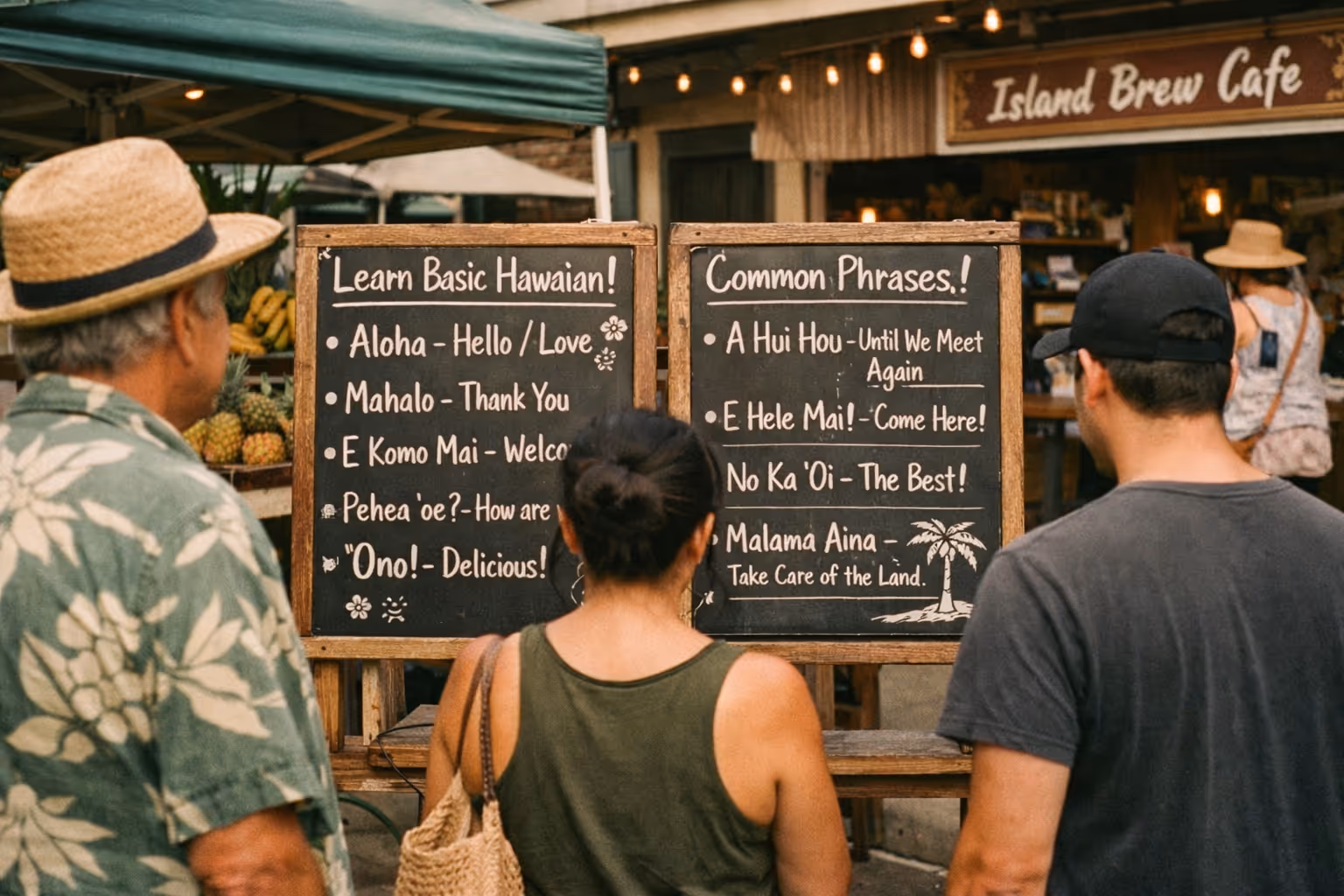 Three people stand in front of chalkboards displaying Hawaiian language phrases at Island Brew Cafe.