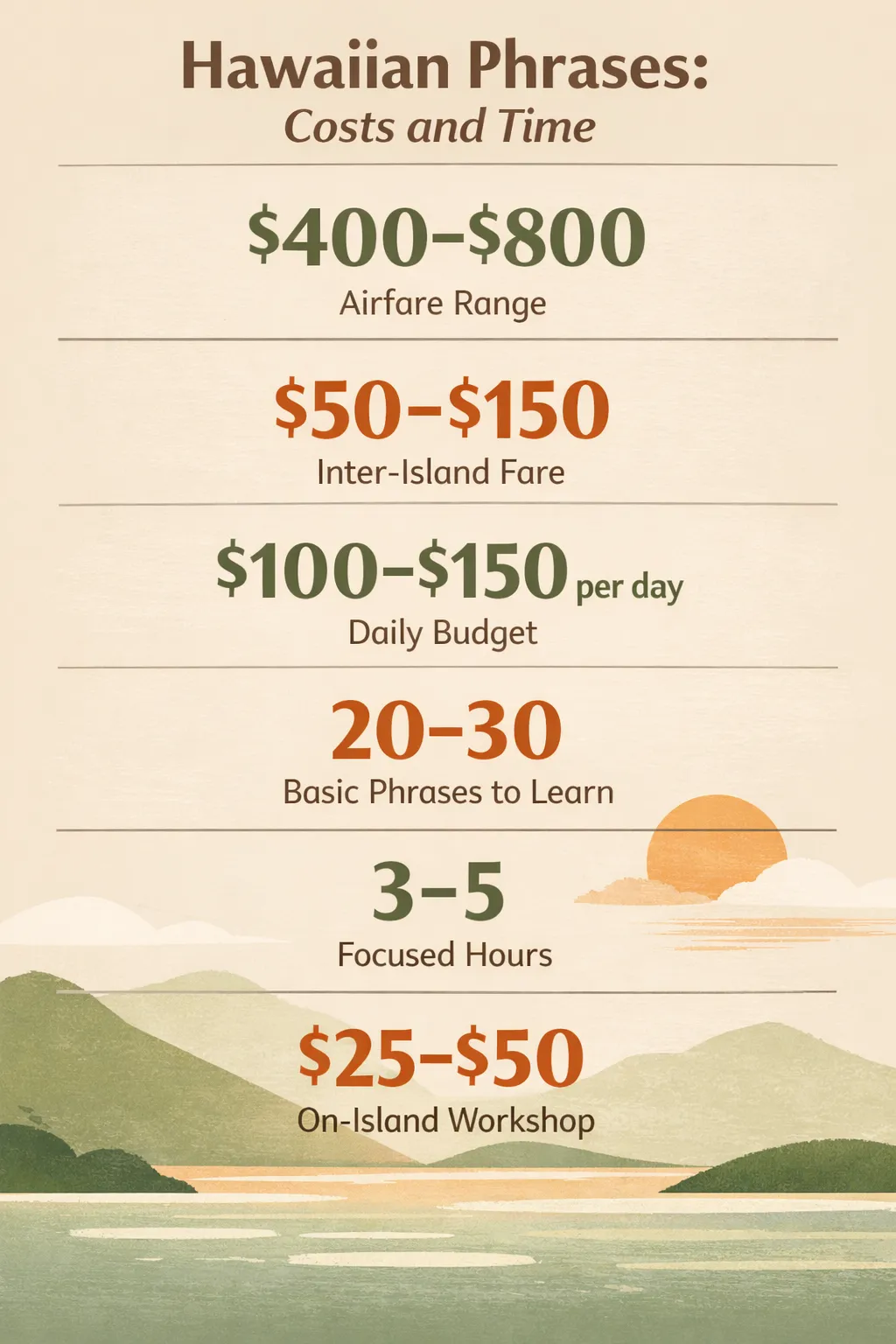 Infographic illustrating airfare ranges, inter-island costs, daily travel budget, and time to learn basic Hawaiian phrases.